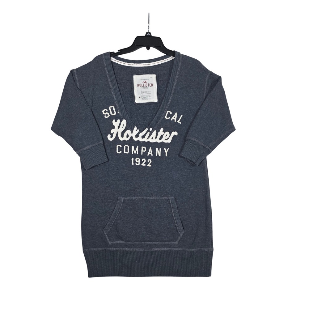 VTG Hollister Sweatshirt Dress Gray V-Neck Short Sleeve Cotton Large Y2K, Tunic